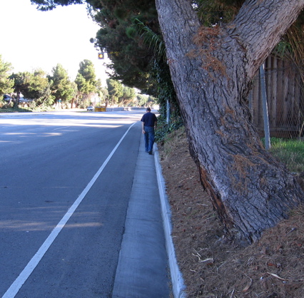 Man using wide shoulder (beyond bus stop) is safe, but parallel route is more pleasant.